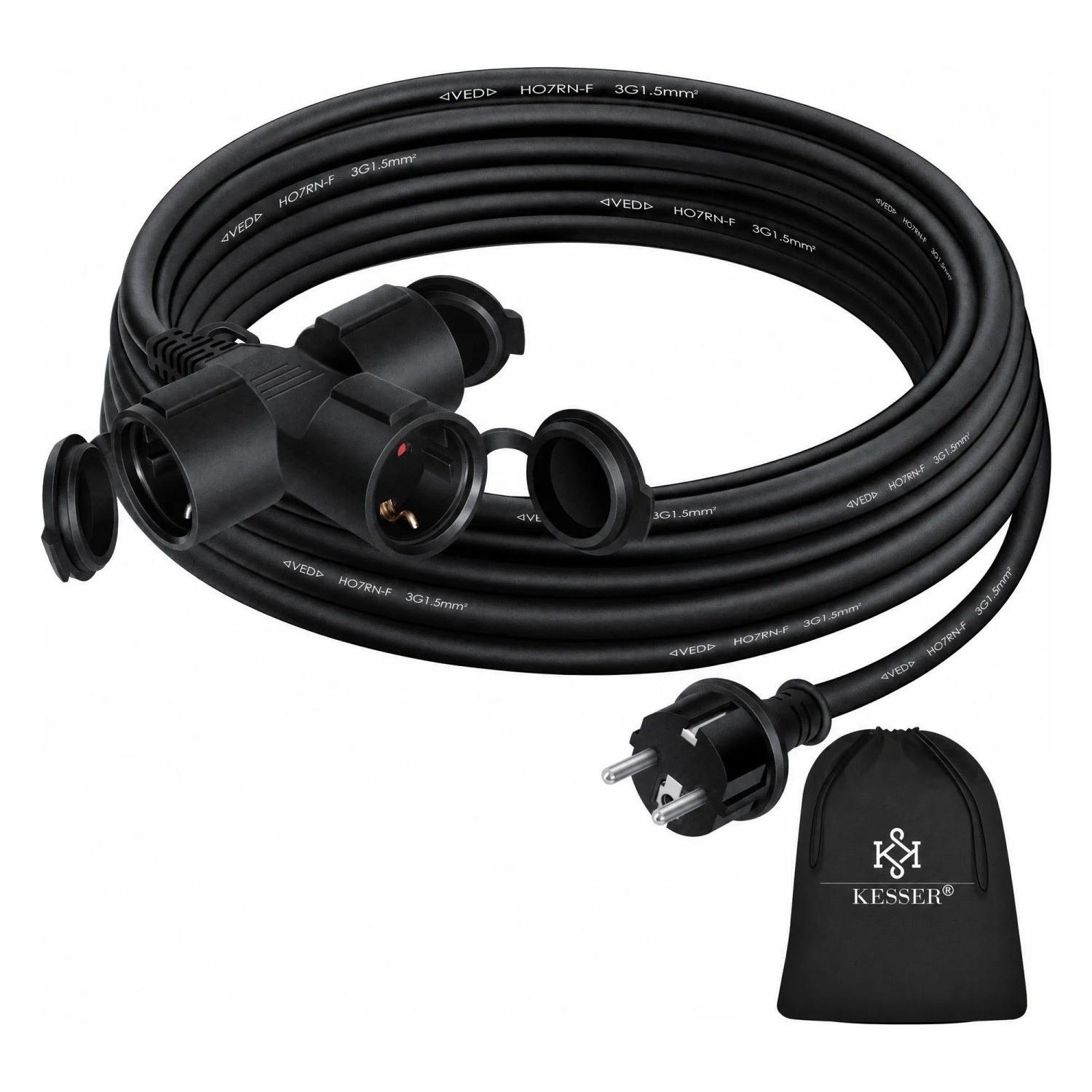 KESSER Verlängerungskabel Outdoor 230 V IP44 Länge 25 m Schwarz mit Verteiler
