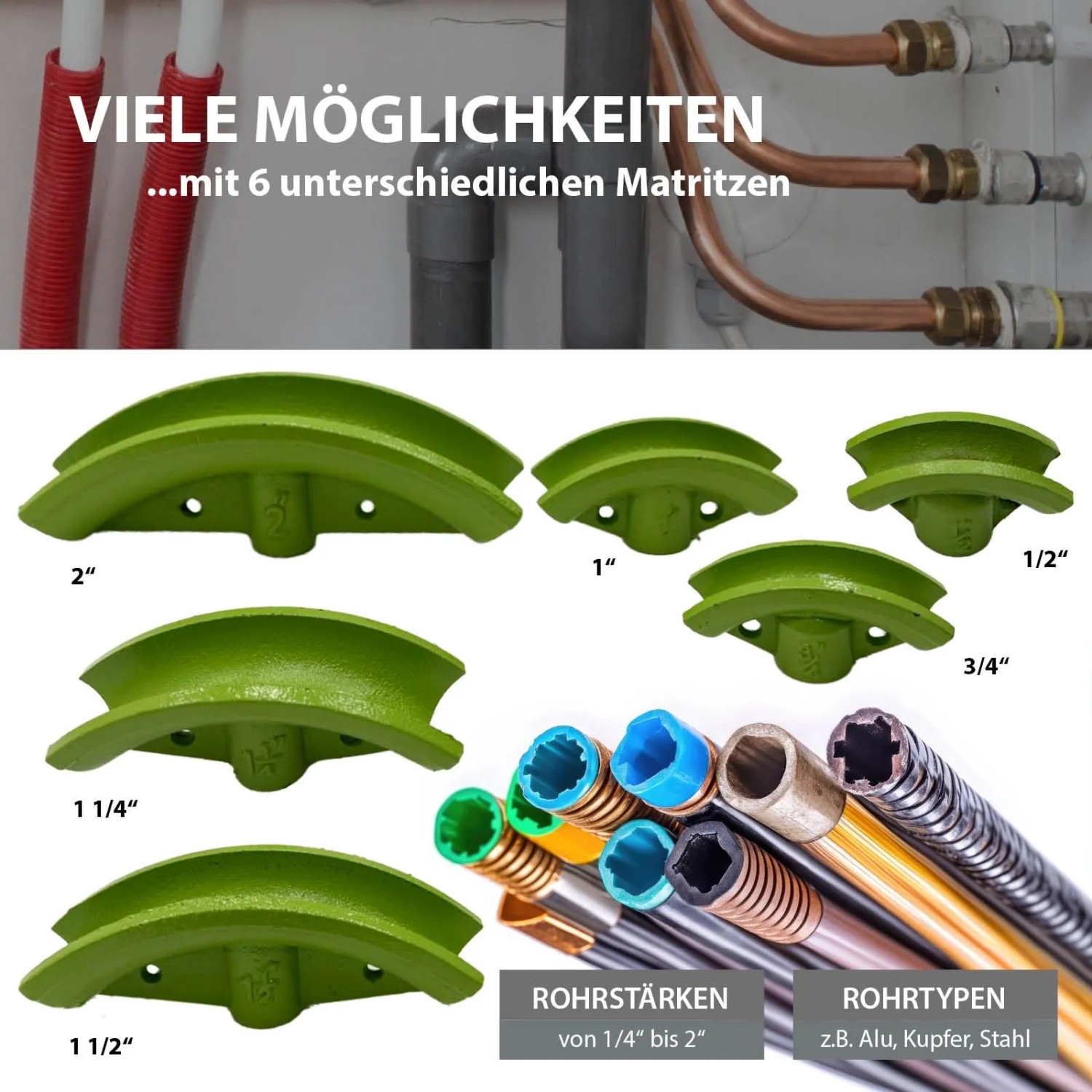 Grüne Biegesegmente für Rohrbiegemaschine, 6 Größen 1/2-2 Zoll, mit Rohren aus Stahl, Kupfer, Alu.