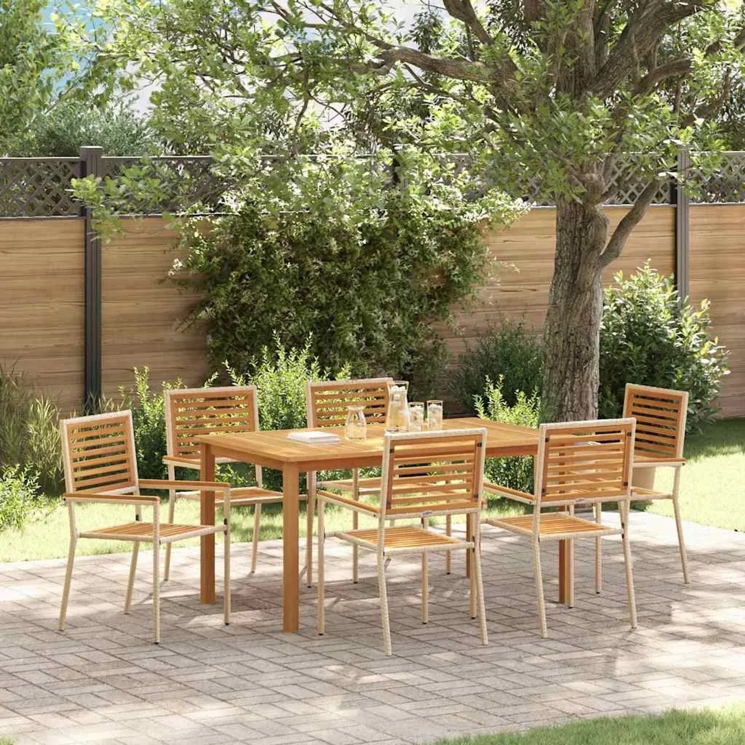 Beige 7-tlg. vidaXL Garten Essgruppe aus Poly Rattan. Gartentisch mit 6 Stühlen auf Terrasse.