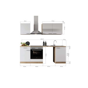 Respekta Küchenblock Merle 220 cm, Eiche/Schwarz, mit Waschmaschinennische. Inkl. Herd, Kochfeld und Dunstabzugshaube.