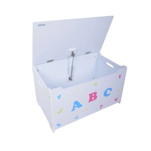 Weiße Kinder-Truhenbank mit ABC-Motiv, Holz, 53x35,5x60cm, offener Deckel.