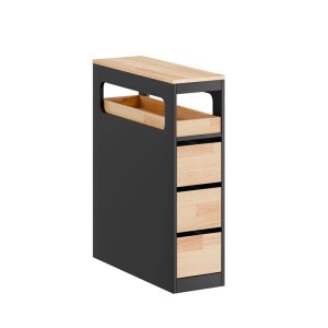 Schmaler, schwarzer Badschrank mit 3 Schubladen und Rollen von SoBuy, 23x82x65cm.