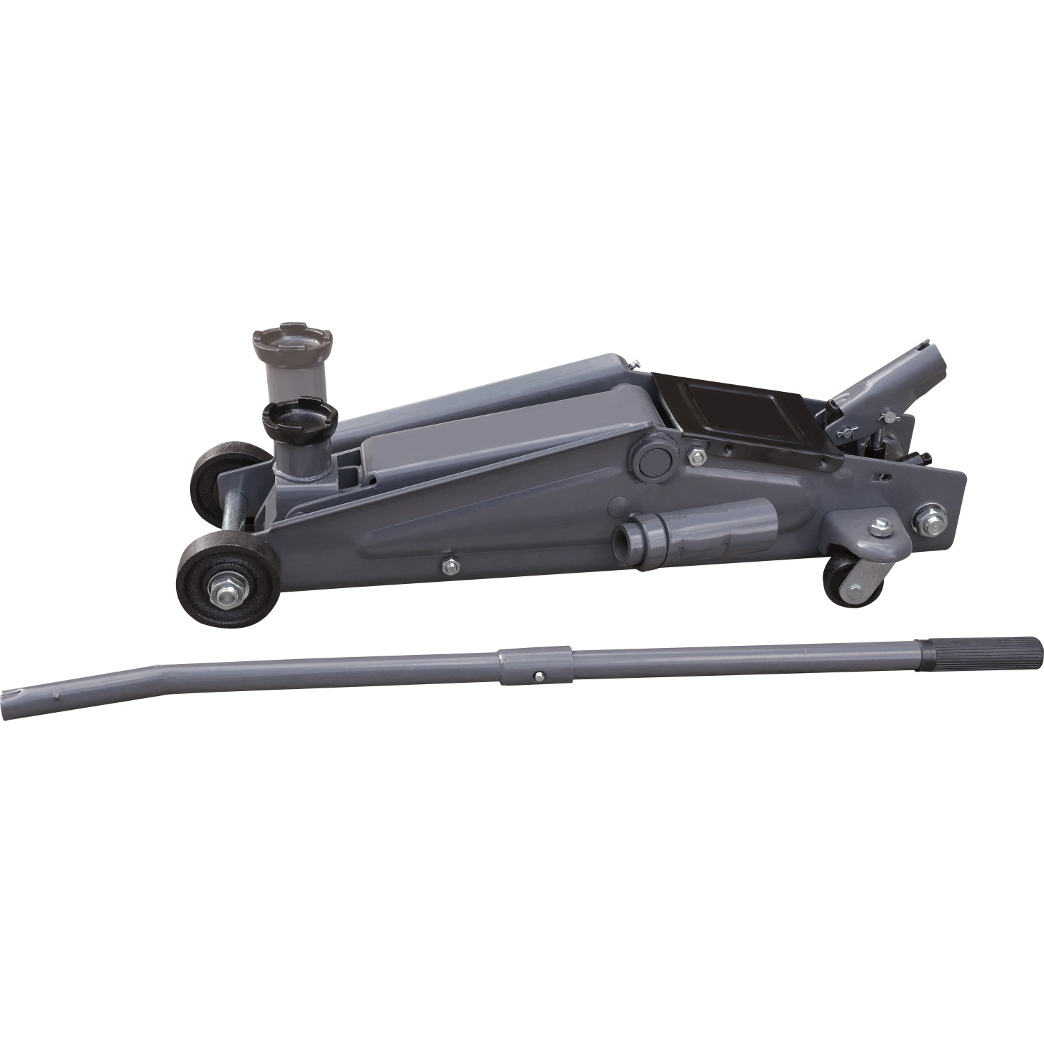 Grauer Rangierwagenheber RWH-2500 B mit 2,5 t Tragkraft und Hebel für Autoreparaturen.