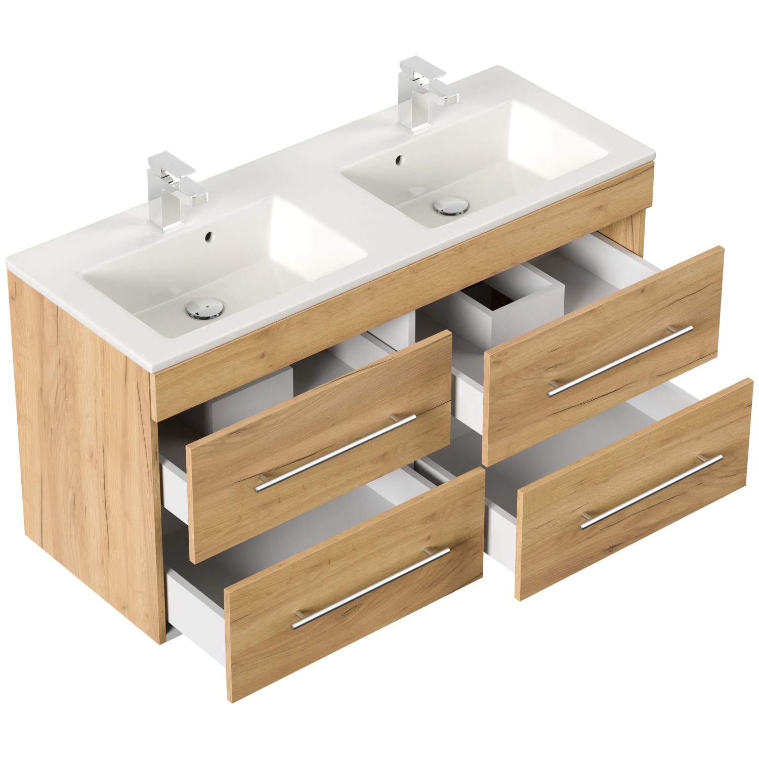 Posseik Badmöbel Homeline 120 Eiche Gold mit Doppelwaschbecken und offenen Schubladen.