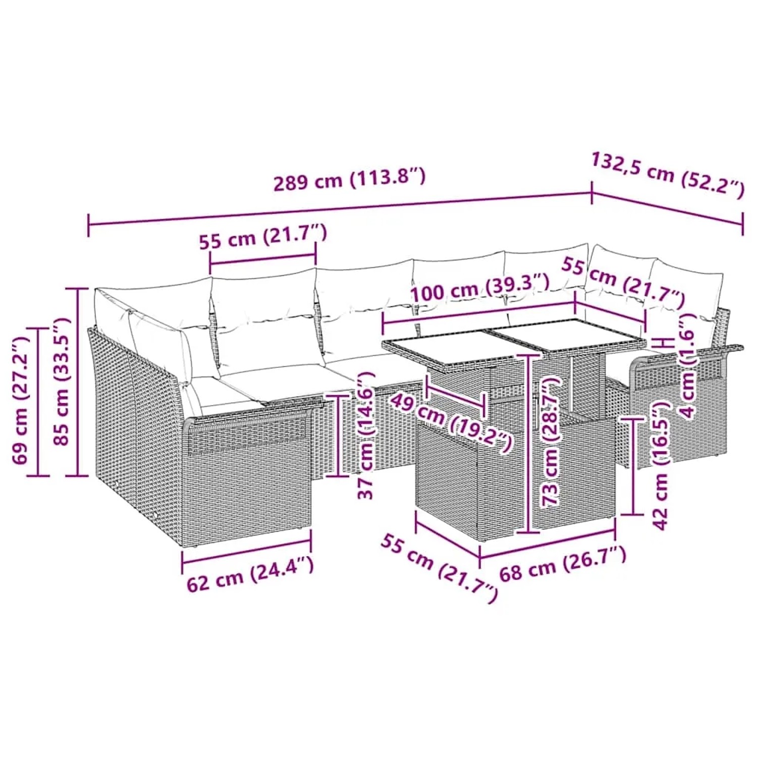 vidaXL Gartenmöbel-Set, 8-teilig, schwarz, Poly Rattan, mit Maßen der Einzelteile.