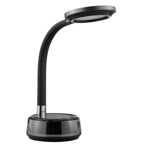 Schwarze LED-Tischlampe Moonglow von Brilliant, 53 cm hoch, mit Flexarm und digitaler Uhr.