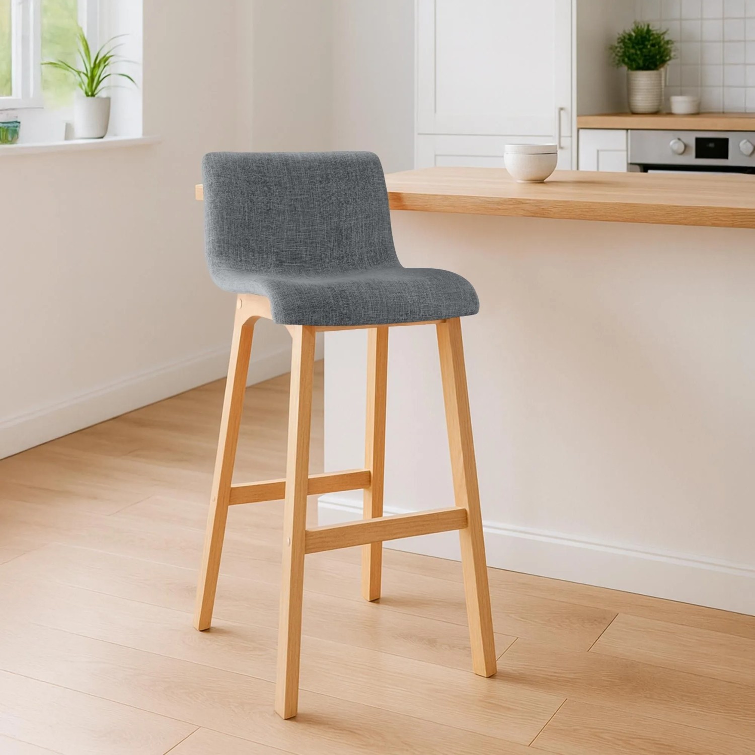 DELUKE Barhocker TENAR Stoff Hellgrau 41x46x102cm Braun Barstuhl Mit Lehne Tresenhocker Tresenstuhl