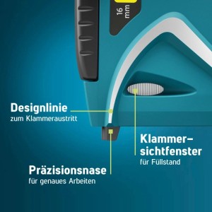 Nahaufnahme des Novus Handtackers J-17: Präzisionsnase, Designlinie für Klammeraustritt und Klammersichtfenster für Füllstand.