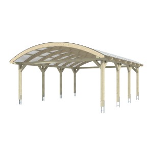Skan Holz Carport Franken mit Bogendach, Doppelcarport aus Holz mit transparenten Doppelstegplatten.