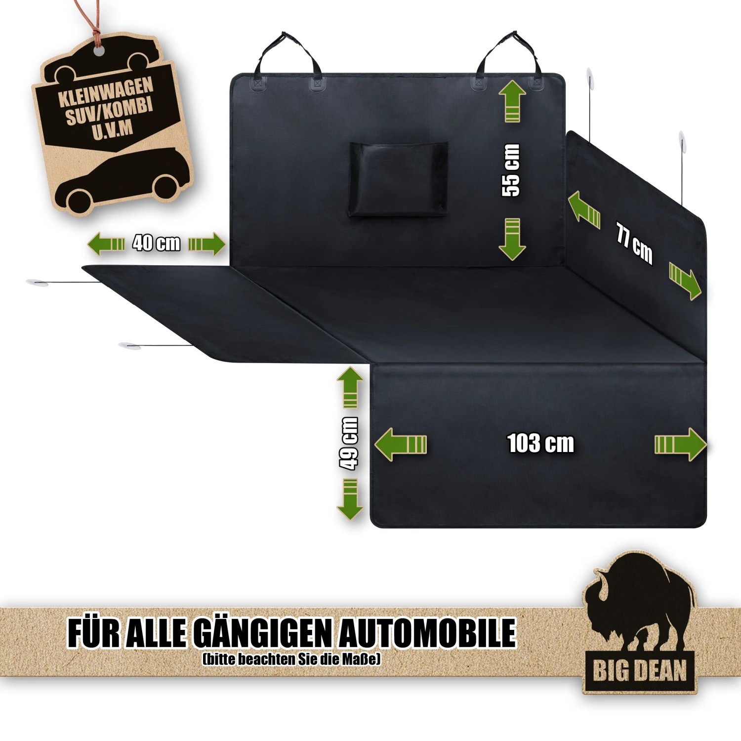 BigDean Kofferraum Schutzmatte, schwarz, mit Seiten- & Stoßstangenschutz. Maße für universelle Passform in Kombi, SUV, für Hund & Gepäck.