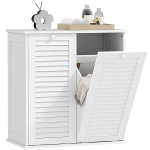 HOMCOM Wäscheschrank, weiß, mit 2 Wäschekörben. Badregal mit Lamellentüren für Bad & Waschraum.