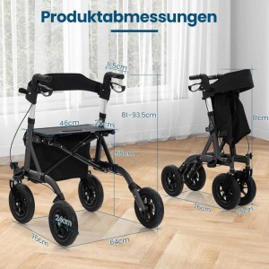 Costway Rollator mit Luftreifen, faltbar, mit Sitz, bis 136 kg, schwarz, mit Maßangaben.