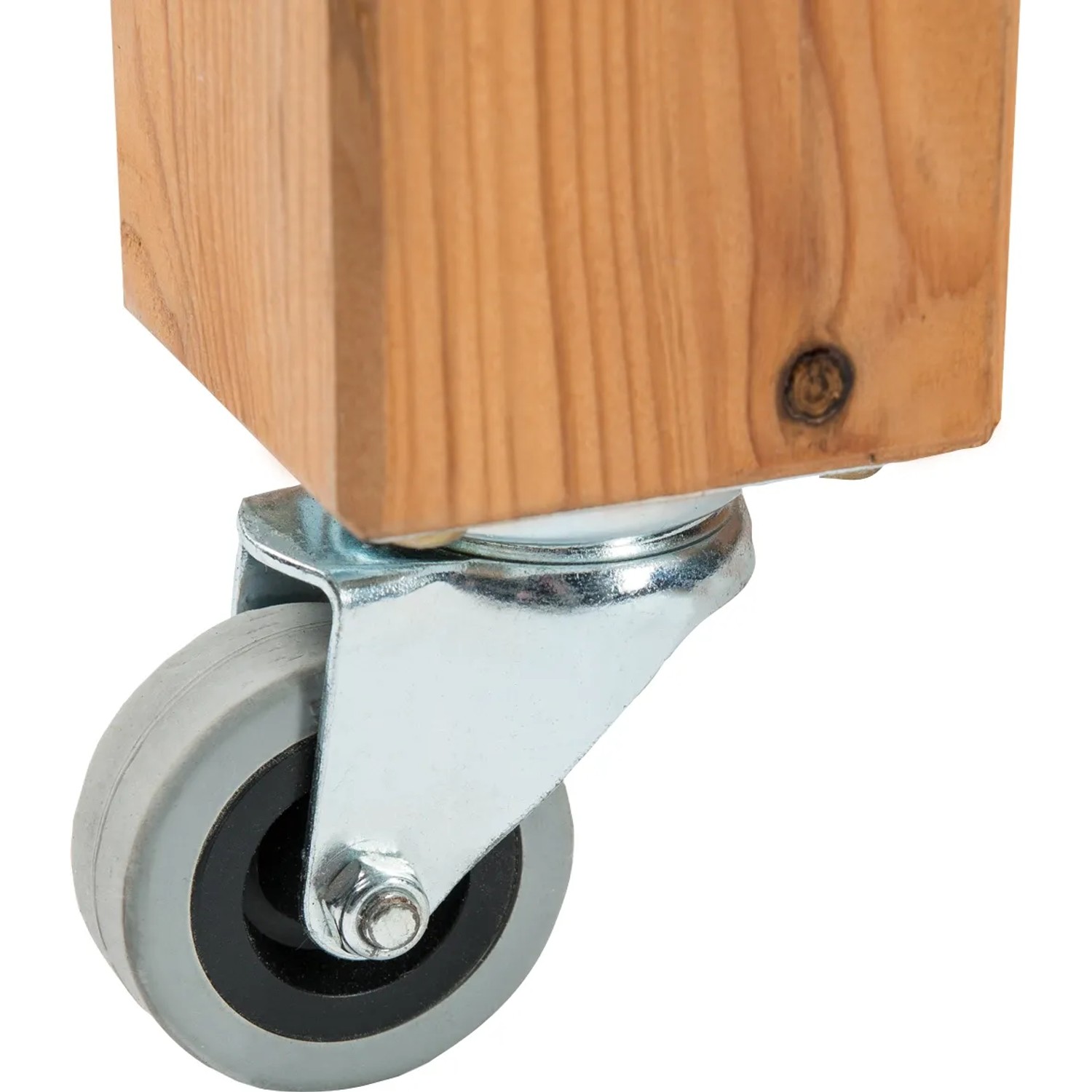 Wilk Lenkrolle am Kräuter-Hochbeet: Graue Rolle mit silberner Halterung am Holzfuß.