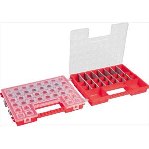 Offener, roter LUX Sortierkasten Zwillingsbox mit transparentem Deckel und variabler Facheinteilung.