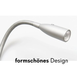 Silberne LED Bettleuchte mit flexiblem Schwanenhals, warmweißes Licht, ideal als Leseleuchte.