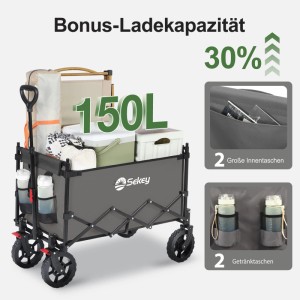Sekey XXL Bollerwagen, faltbar, grau, 150L Ladevolumen, ideal für Camping und Freizeit.