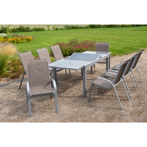 Merxx Gartenmöbel-Set Amalfi, 9-teilig, taupe, mit Ausziehtisch (180/240x100 cm) im Garten.