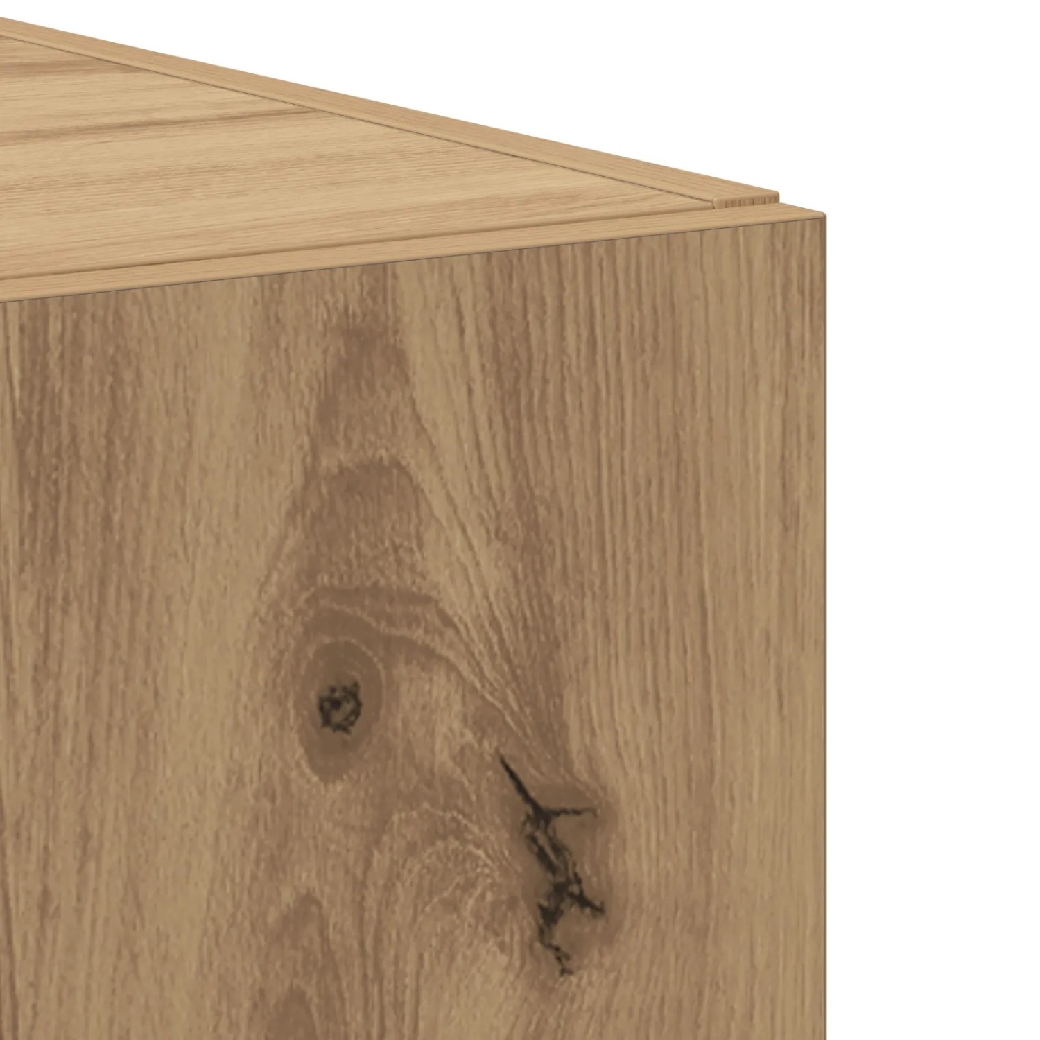 Detailansicht der Artisan-Eiche Holzoptik eines Highboards. Sichtbare Holzmaserung und Ast.
