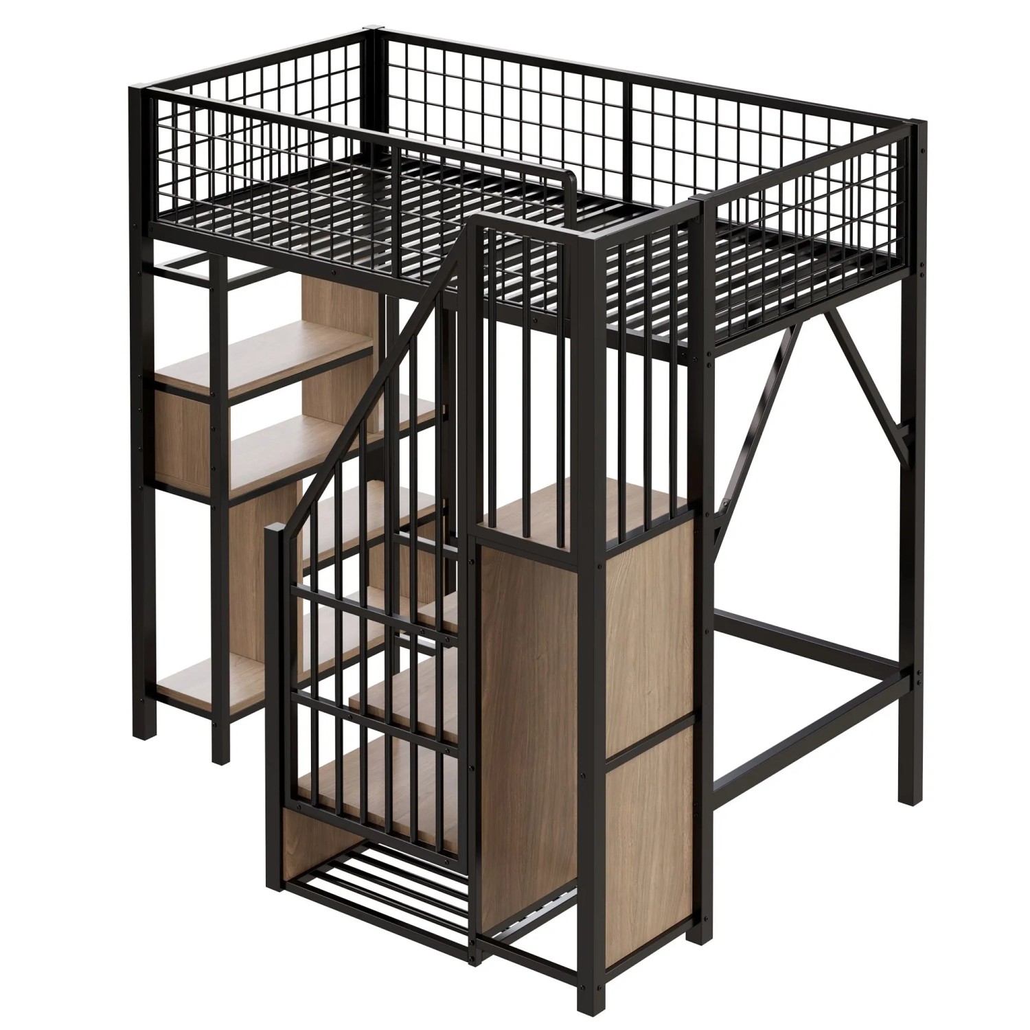 okwish Hochbett 90x200cm mit Stauraum Treppe Kinderzimmer Schwarz ohne Matratze