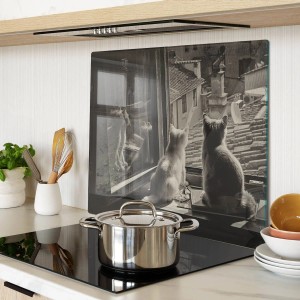 Tulup Herdabdeckplatte 60x52 cm Schneidebrett aus Glas Küchenutensilien Spritzschutz Abdeckung Katzen im Fenster