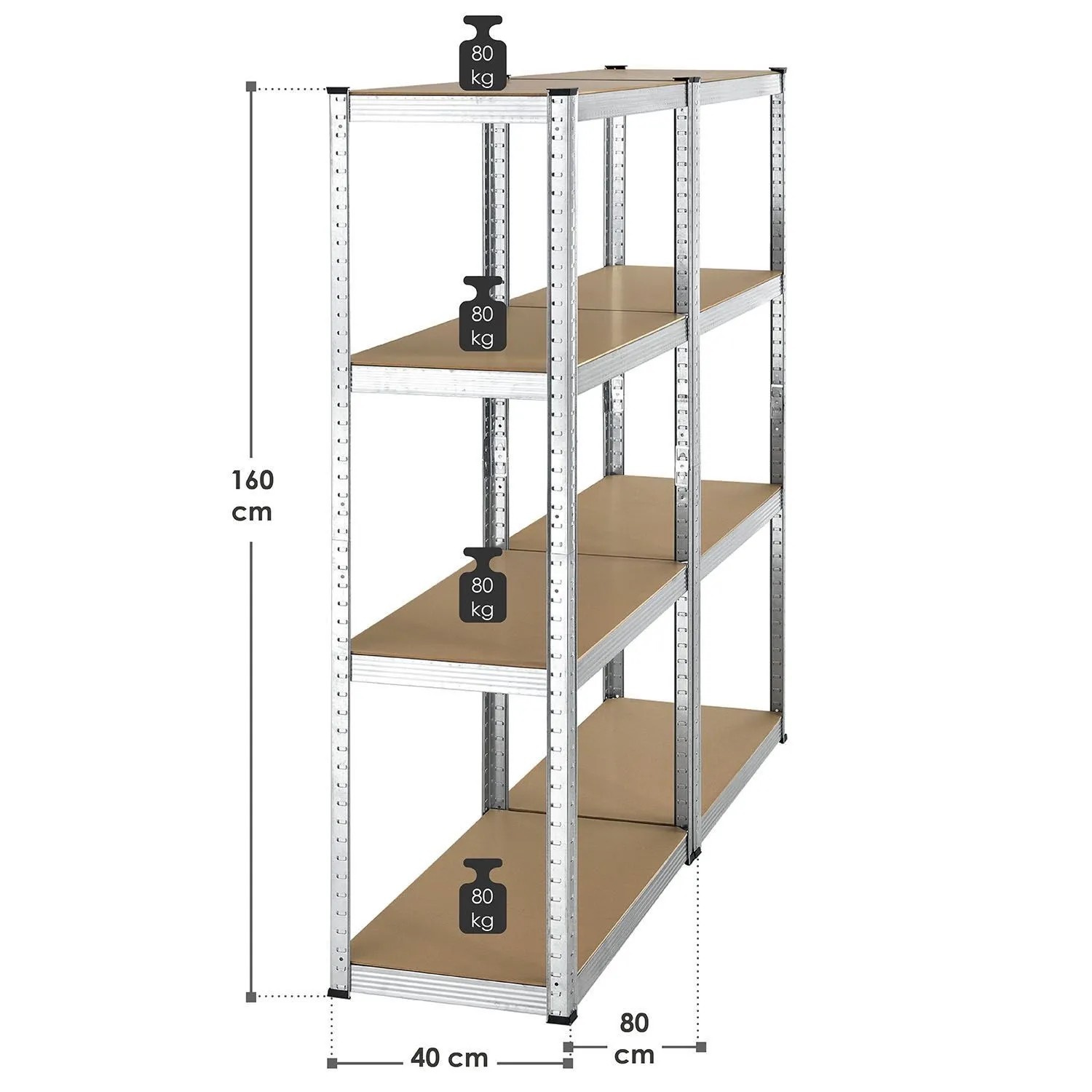 Juskys 2er Set Lagerregale Easy, 160x80x40cm, mit 4 MDF-Holzböden je Regal, verzinktes Metall.