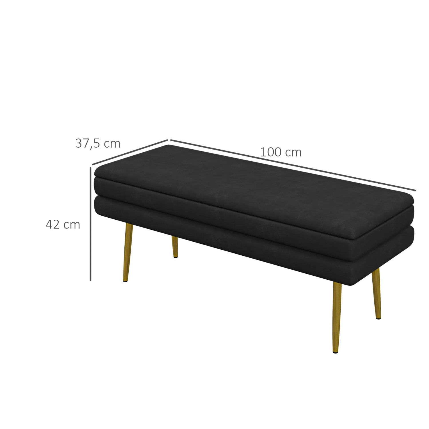 Schwarze HOMCOM Sitzbank mit Samtoptik, Stauraum und goldenen Beinen. Maße: 100x37x42 cm. Ideal als Hocker.