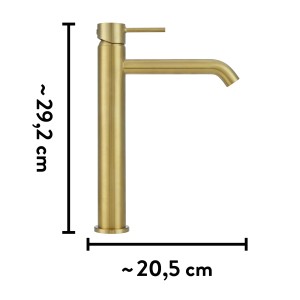 Goldene baliv Waschtischarmatur WT-631 mit hohem Auslauf für Aufsatzwaschbecken.