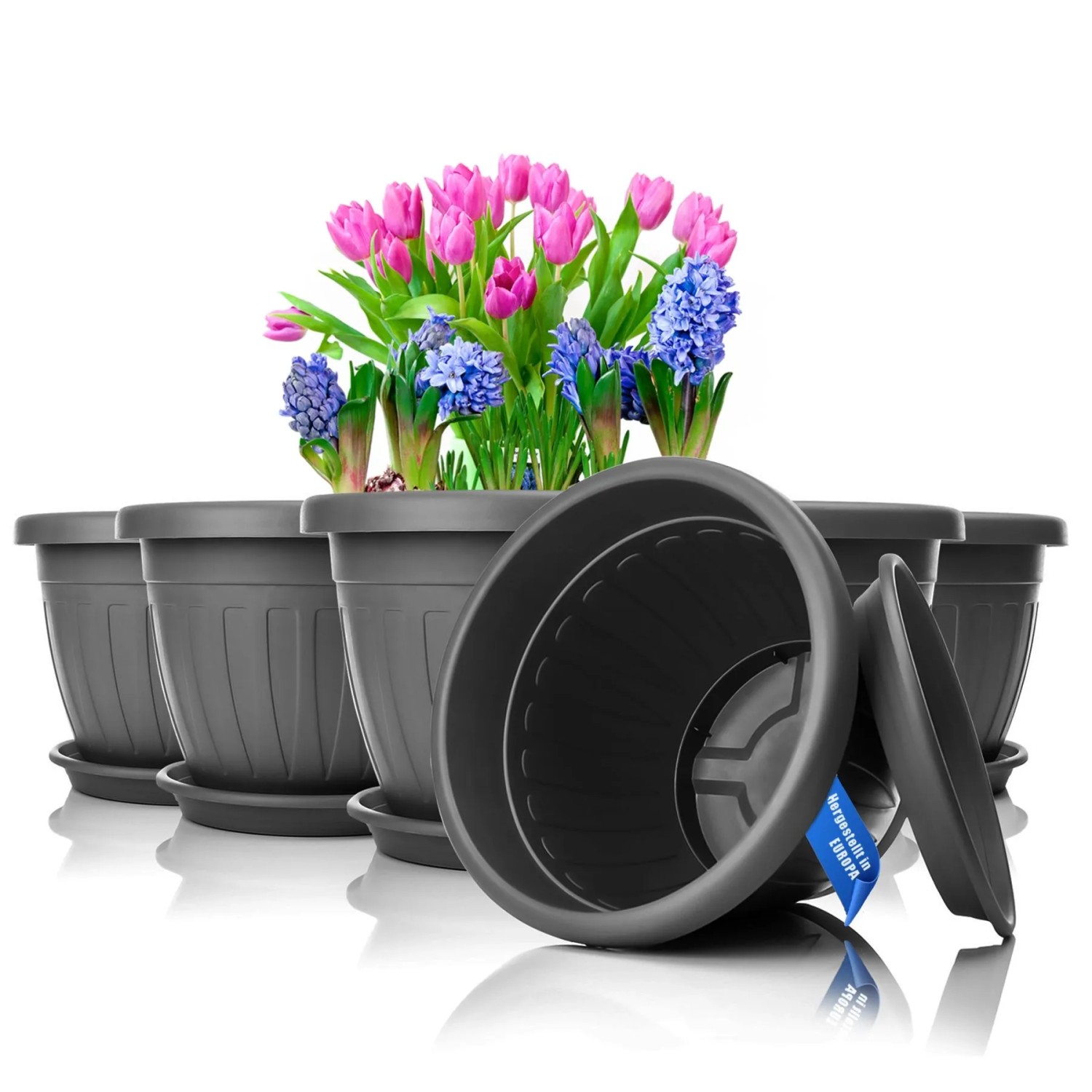 BigDean 6x Blumentopf Mit Untersetzer Rund ø33xH25 Cm Anthrazit Wetterfester Pflanzkübel Wasserablauf UV Beständig Aus Bruchsicherem Kunststoff Innen