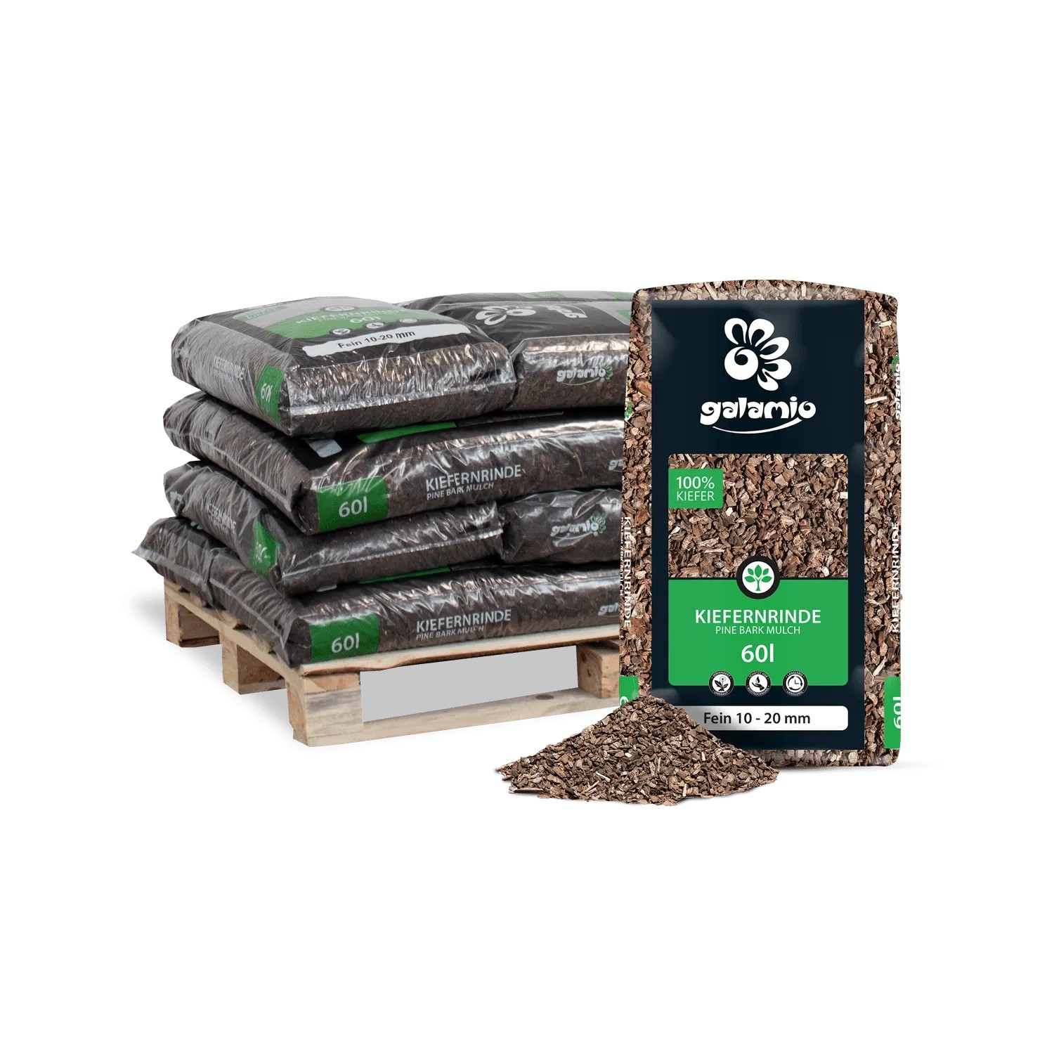 Galamio Rindenmulch Kiefer Fein 60l x 12 Sack 720l 12er Palette