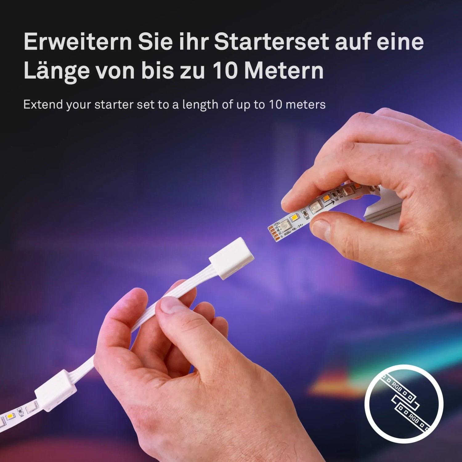 Briloner LED-Band: Zwei Hände verbinden ein RGBW Stripe-Element. Erweiterung des Starter-Sets.