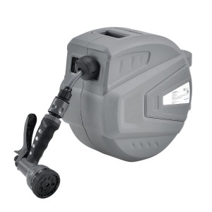 Juskys Wasserschlauch Aufroller Flowwater 10m mit Multifunktionsbrause, grau.