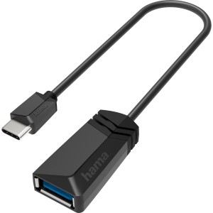 Schwarzer Hama USB-OTG-Adapter: USB-C-Stecker auf USB-Buchse für Datenübertragung.