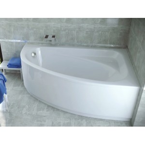 Weiße Bad Land Eckbadewanne CORNEA 150x100 (rechts) mit Ablauf und Füßen.