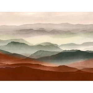 Fototapete mit grafischem Aquarell-Motiv in Rot, Grün, Violett und Beige.