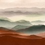 Fototapete mit grafischem Aquarell-Motiv in Rot, Grün, Violett und Beige.