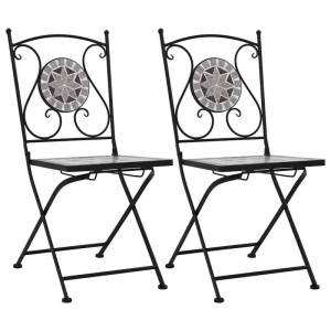 2er Set graue Mosaik-Bistrostühle für Garten/Balkon mit klappbarem Eisenrahmen und Keramikfliesen.