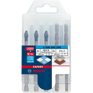 Bosch Expert Hard Keramik Bohrer-Set, 5-teilig, mit 3 HEX-9 und 2 CYL-3 Fliesenbohrern, Ø 6mm.