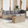 Beiges 9-teiliges Garten-Sofa-Set aus Rattan mit grauen Kissen und Akazientisch.