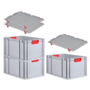 PROREGAL Spar Set: 3 graue Euroboxen mit roten Griffen und Auflagedeckel, stapelbar.