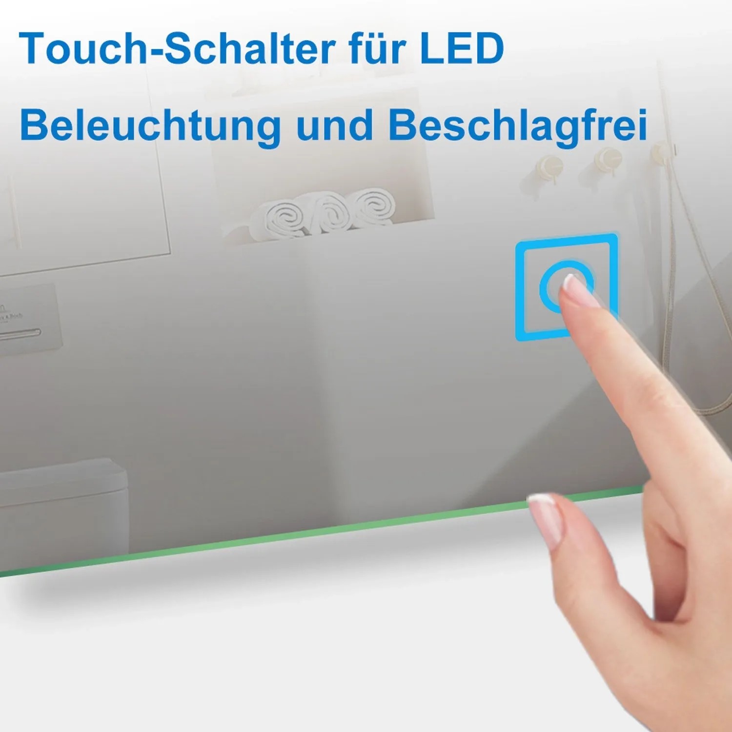 Hand betätigt Touch-Schalter für dimmbare LED-Beleuchtung und Antibeschlag am Duschparadies Badspiegel.