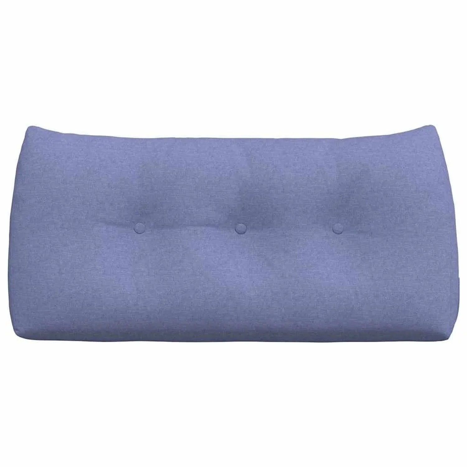 Jeans blaues Rückenkissen aus Stoff, ergonomisch geformt mit drei Knopfdetails. Ideal für Wohnzimmer und Schlafzimmer.