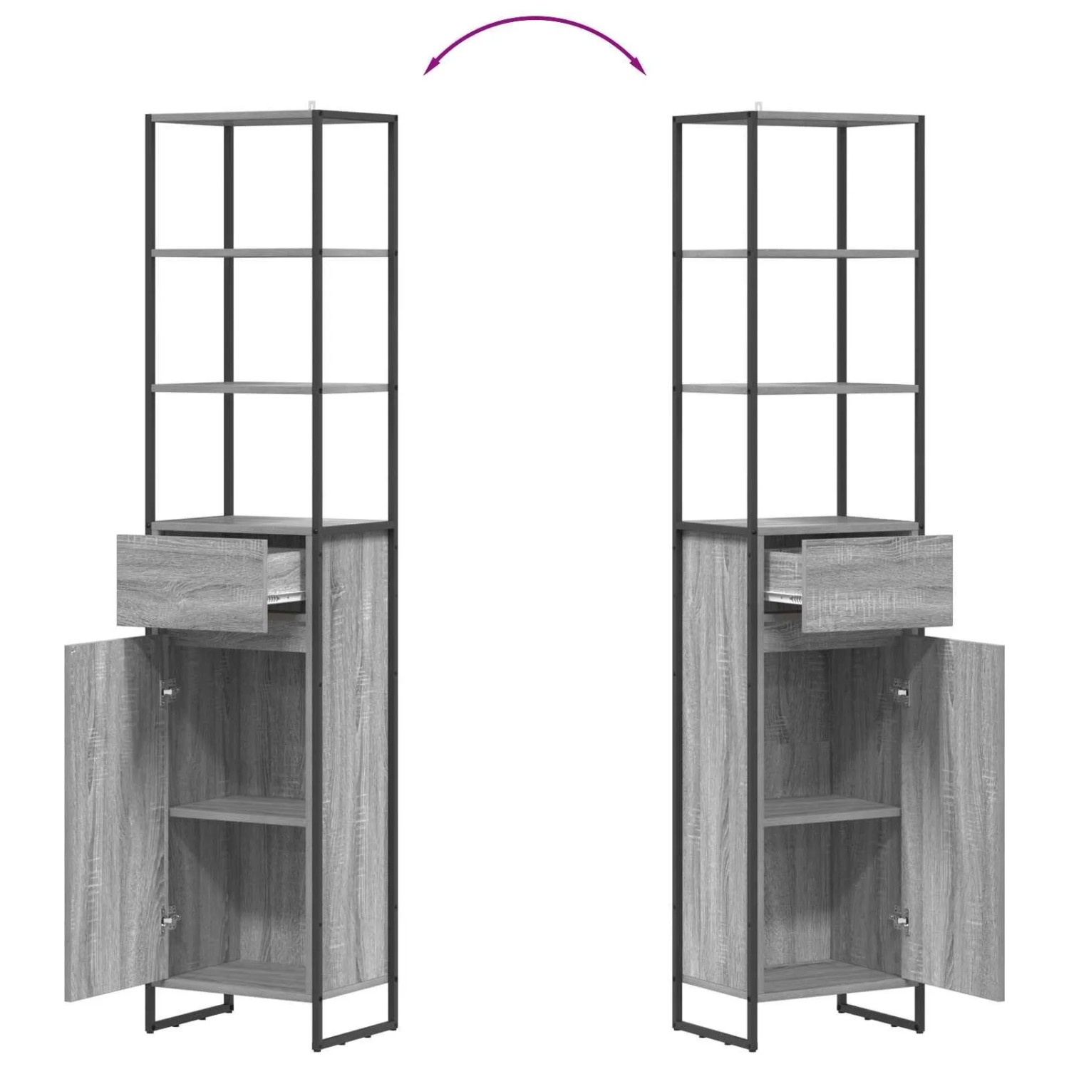Grauer Sonoma Bad-Hochschrank mit schwarzem Metallrahmen, offenen Regalen, Schublade und Tür. Industriedesign.
