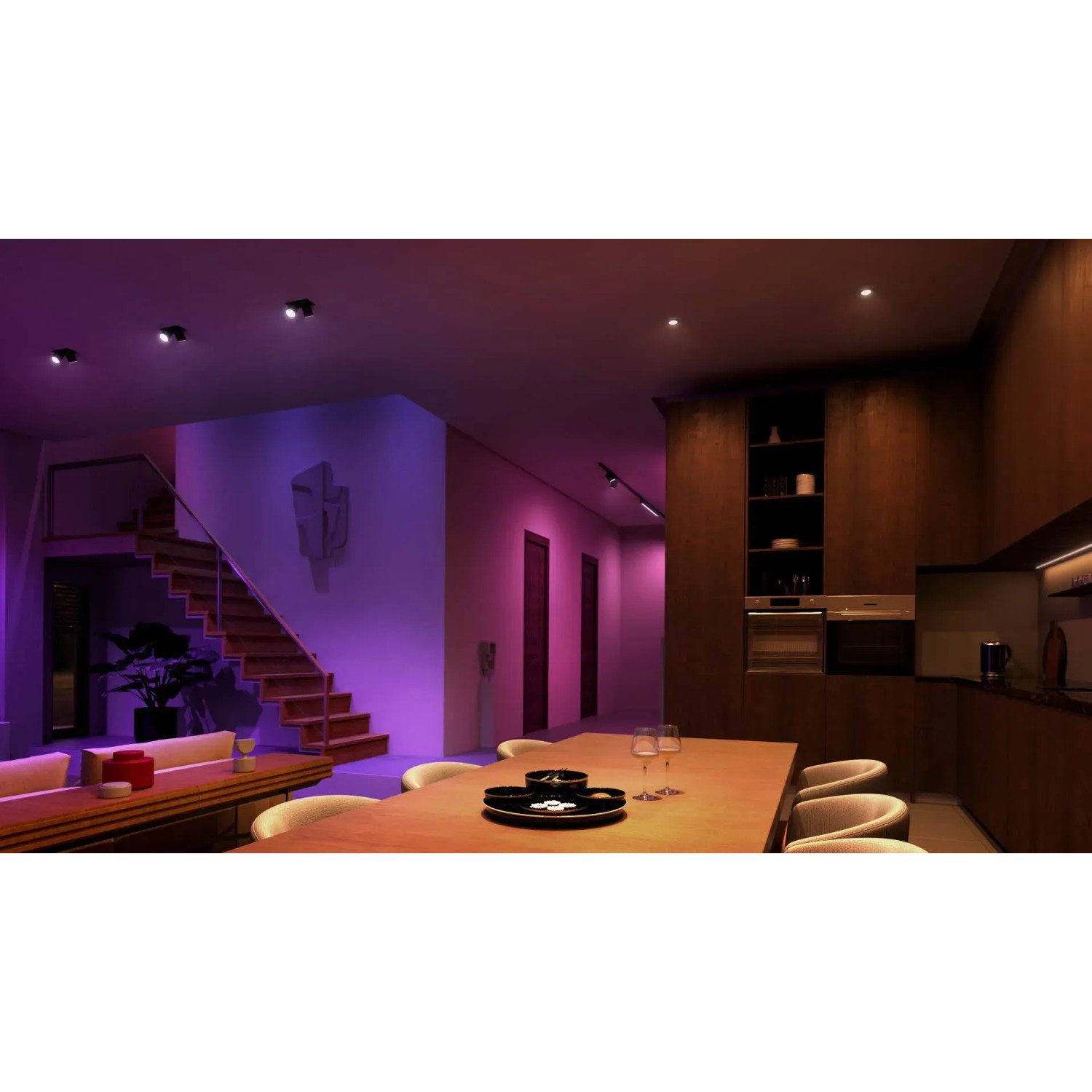 Wohnraum mit Philips Hue GU5.3 LED Spots in Weiß und Farbe, 2er-Pack.