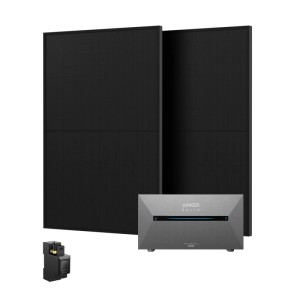 Anker Solix Balkonkraftwerk Set mit zwei schwarzen Solarmodulen, grauer Solarbank 2 E1600 und Smart Meter.