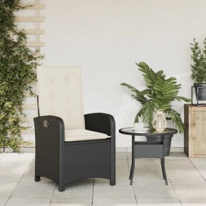 Verstellbarer vidaXL Gartensessel aus schwarzem Poly Rattan mit cremefarbenen Kissen.