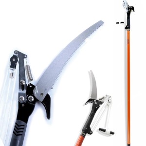 FUXTEC Teleskop Astschere FX-TAS35 mit Obermesser und Sägeblatt, orangefarbener Stange und Zugseil für Baumschnitt.