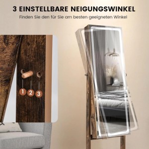 Costway Schmuckschrank mit Spiegel & 3-Farbigen Led Rustikales Braun