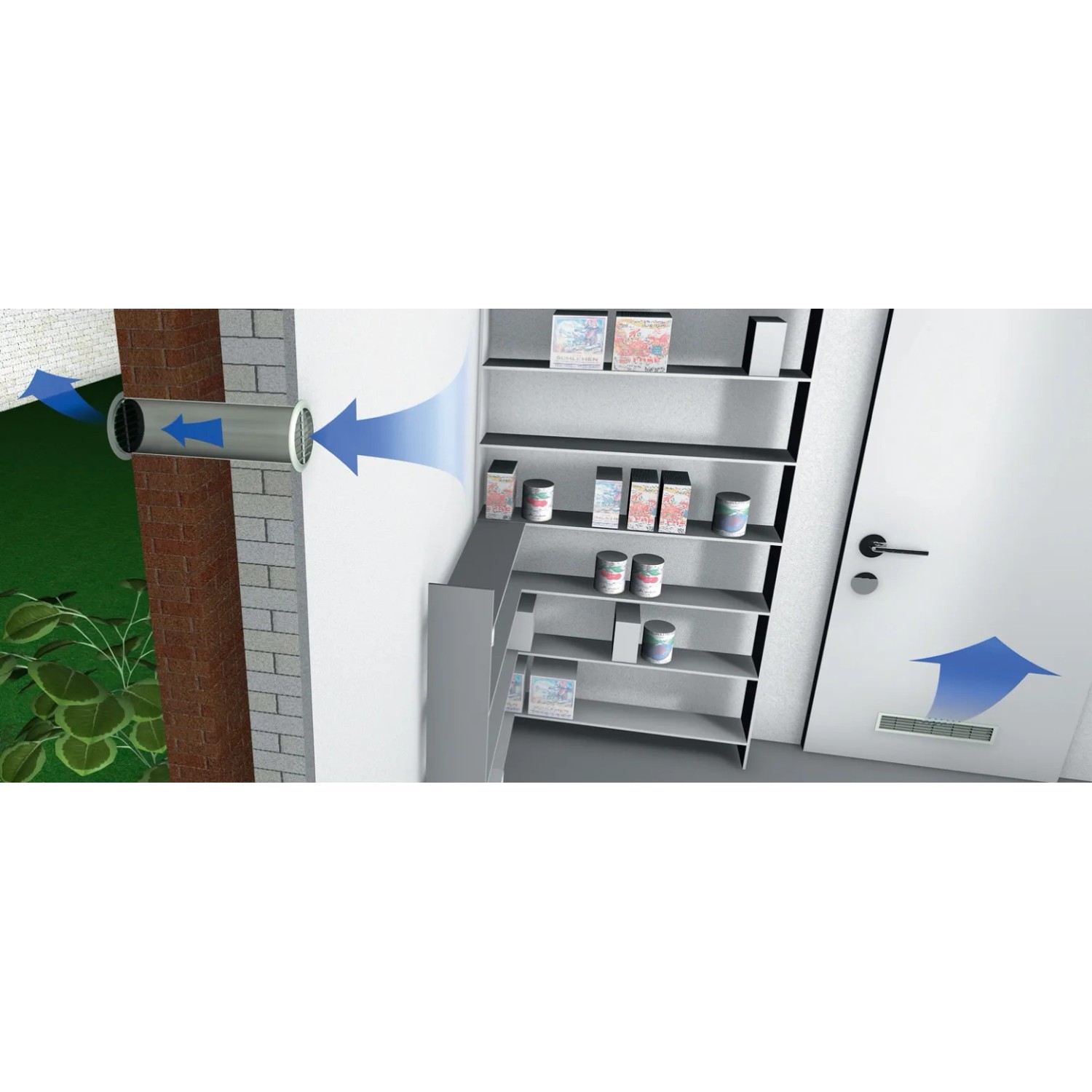 Anwendung des weißen Alu Lüftungsgitters (480x80mm) zur Luftzirkulation in Innenräumen.