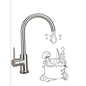 baliv Küchenarmatur KI-1832 Edelstahl, Einhebelmischer mit hohem Auslauf und Cartoon-Illustration.