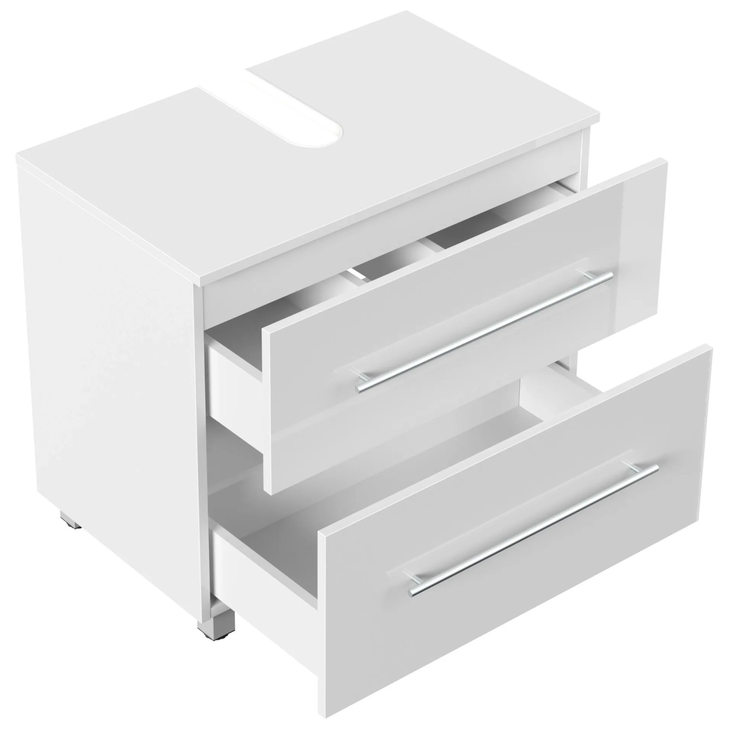 Posseik Bad-Einbauschrank Mondial Universal, 70 cm, Weiß Hochglanz mit zwei offenen Schubladen.